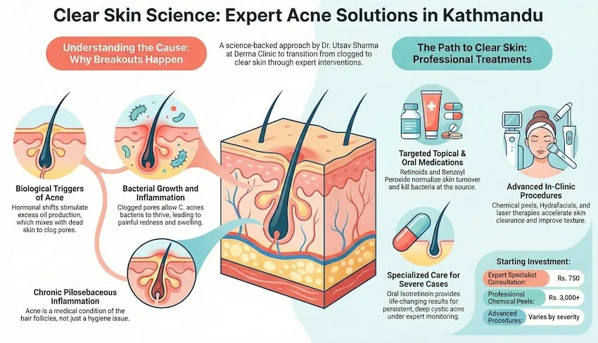 Comprehensive infographic detailing the four biological stages of acne development: Sebum production, follicular plugging, bacterial growth, and inflammation.