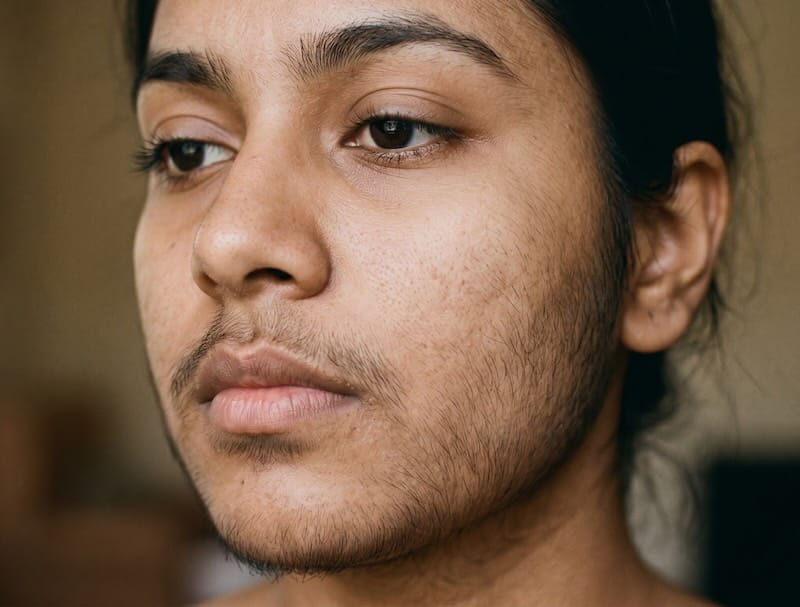 Close-up of a woman's face showing excessive dark hair growth on the chin, upper lip, and jawline, demonstrating paradoxical hypertrichosis.