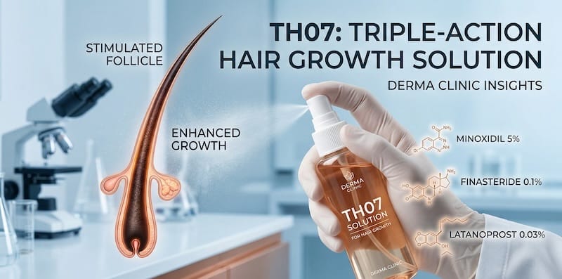 3D illustration of TH07 hair loss treatment spray and a stimulated hair follicle, highlighting its triple-action ingredients: Minoxidil, Finasteride, and Latanoprost.
