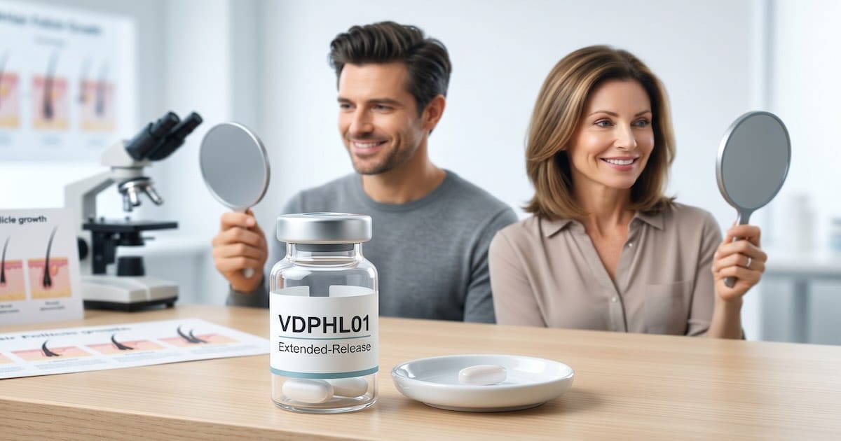 A man and a woman in a dermatology clinic looking happily into hand mirrors, with a bottle of VDPHL01 extended-release oral minoxidil and a single pill in the foreground.