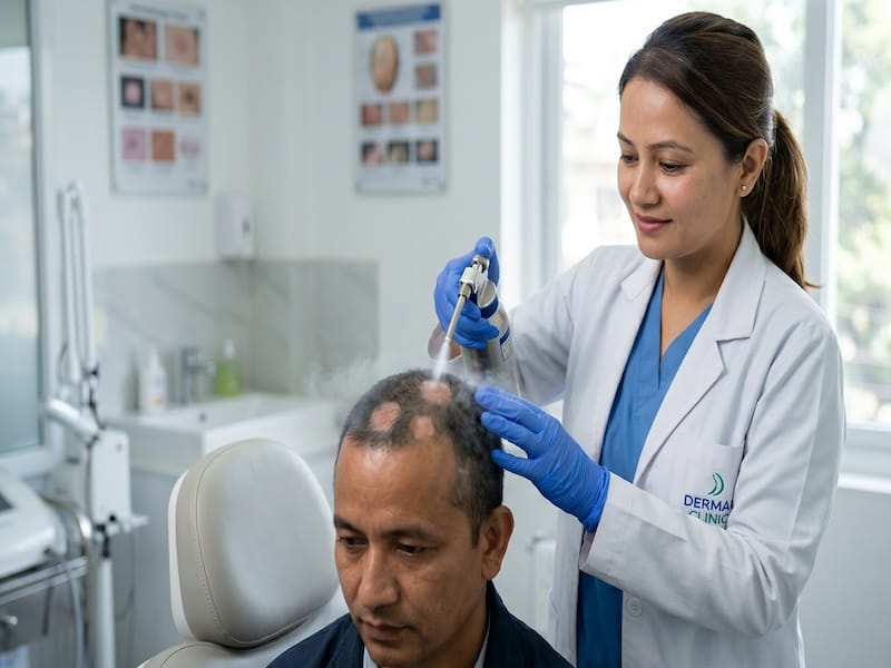 A female dermatologist at Derma Clinic Kathmandu applying liquid nitrogen cryotherapy spray to a male patient's scalp to treat small alopecia areata bald patches.