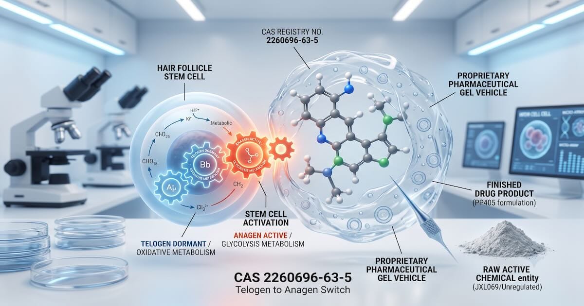 A detailed scientific visualization illustrating a 3D molecule of CAS Registry Number 2260696-63-5, labeled as 'active chemical entity.' The molecule is embedded within and activating a hair follicle stem cell metabolic pathway. A glowing 'Telogen to Anagen Switch' and 'Stem Cell Activation via MPC Inhibition' diagram is included. Crucially, a translucent, clear gel structure is visualized surrounding the molecule, specifically labeled 'PROPRIETARY TOPICAL VEHICLE (PHARMACEUTICAL FORMULATION),' which differentiates a finalized drug product from unregulated research chemicals (labeled separately as 'Raw JXL069/Unregulated Raw active entity'). Modern medical laboratory equipment is visible in the blurred background.