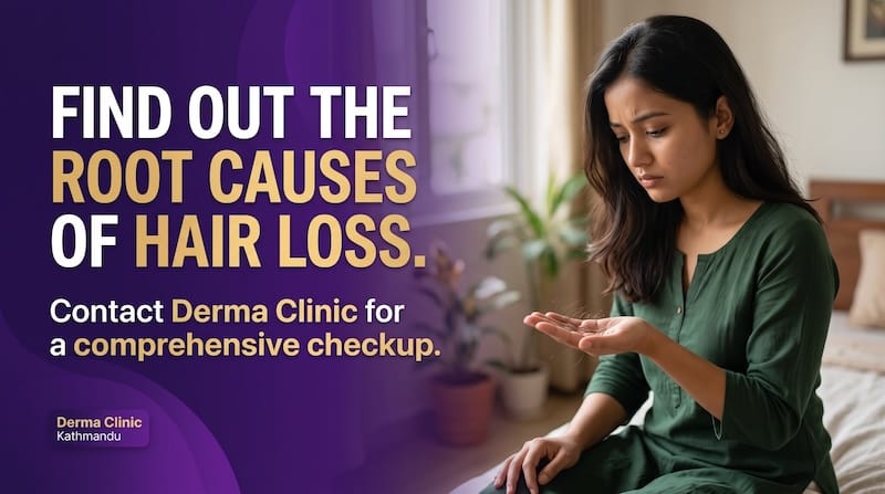 Young Nepali woman looking concerned at fallen hair in her hand, with text promoting a root cause hair loss checkup at Derma Clinic Kathmandu.